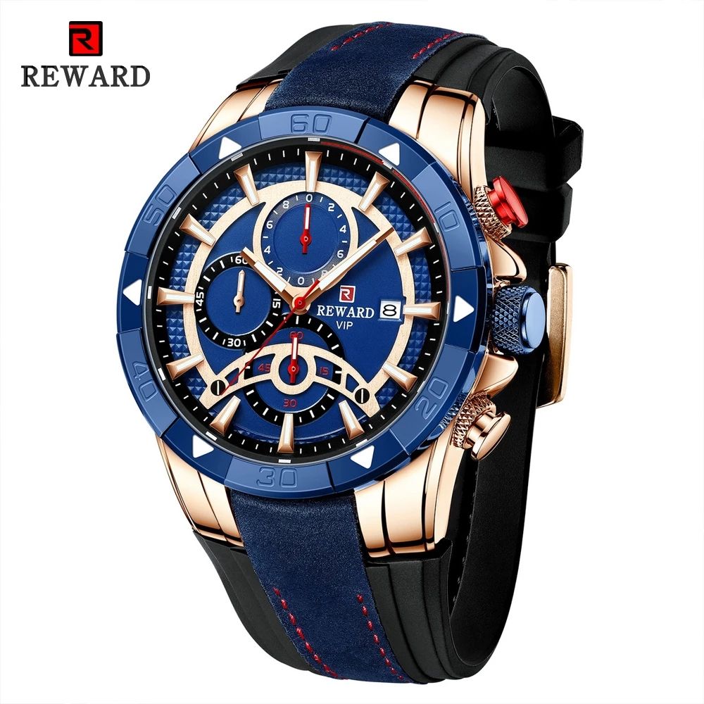 Reward Vip Luxury Chronograph Waterproof Leather Silicone New Big Dial Sports Wristwatch Men Blue Quartz Watch