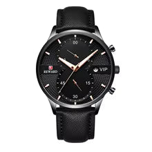 Quart Watch Male REWARD VIP Chronos Wristwatch Clock Genuine Leather Strap Blue Dial Men's Wristwatch