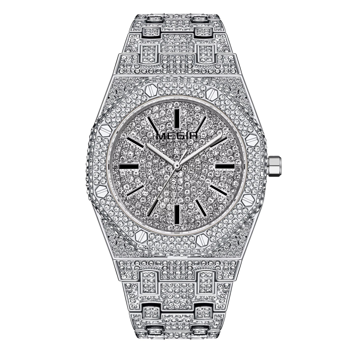 MEGIR 1091 Luxury Diamond Men Watches Stainless Steel Band Quartz Wristwatches Waterproof Business Watch Reloj Hombre