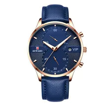 Quart Watch Male REWARD VIP Chronos Wristwatch Clock Genuine Leather Strap Blue Dial Men's Wristwatch
