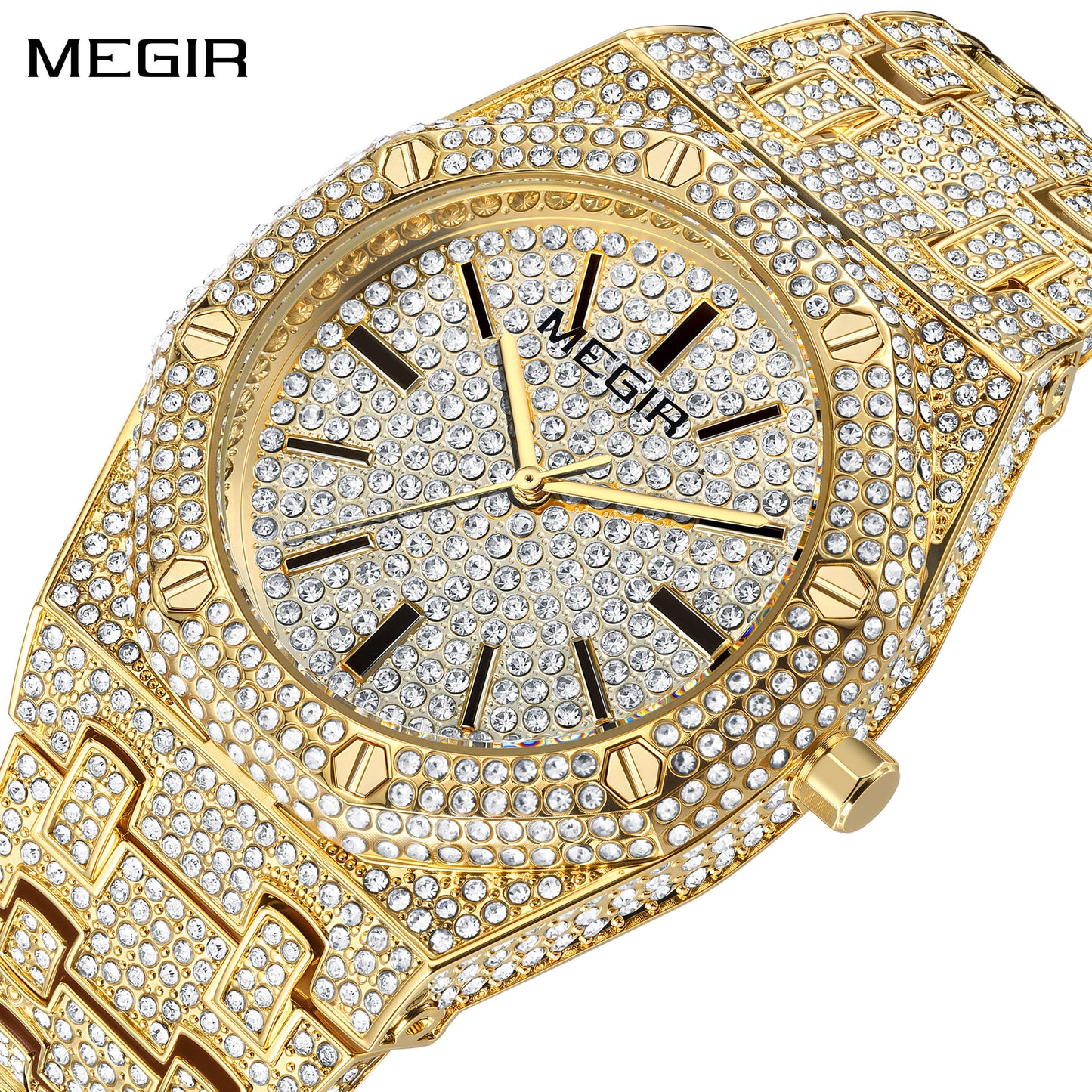 MEGIR 1091 Luxury Diamond Men Watches Stainless Steel Band Quartz Wristwatches Waterproof Business Watch Reloj Hombre