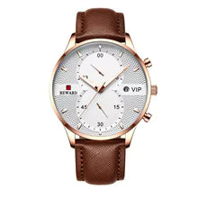 Quart Watch Male REWARD VIP Chronos Wristwatch Clock Genuine Leather Strap Blue Dial Men's Wristwatch