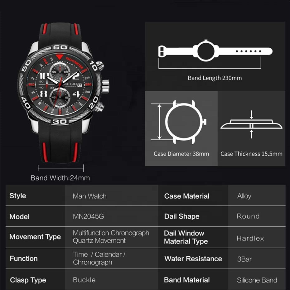 MEGIR Top Brand Luxury Sports Watches for Men Silicone Luminous Date Quartz Chronograph Wristwatch Reloj Hombre