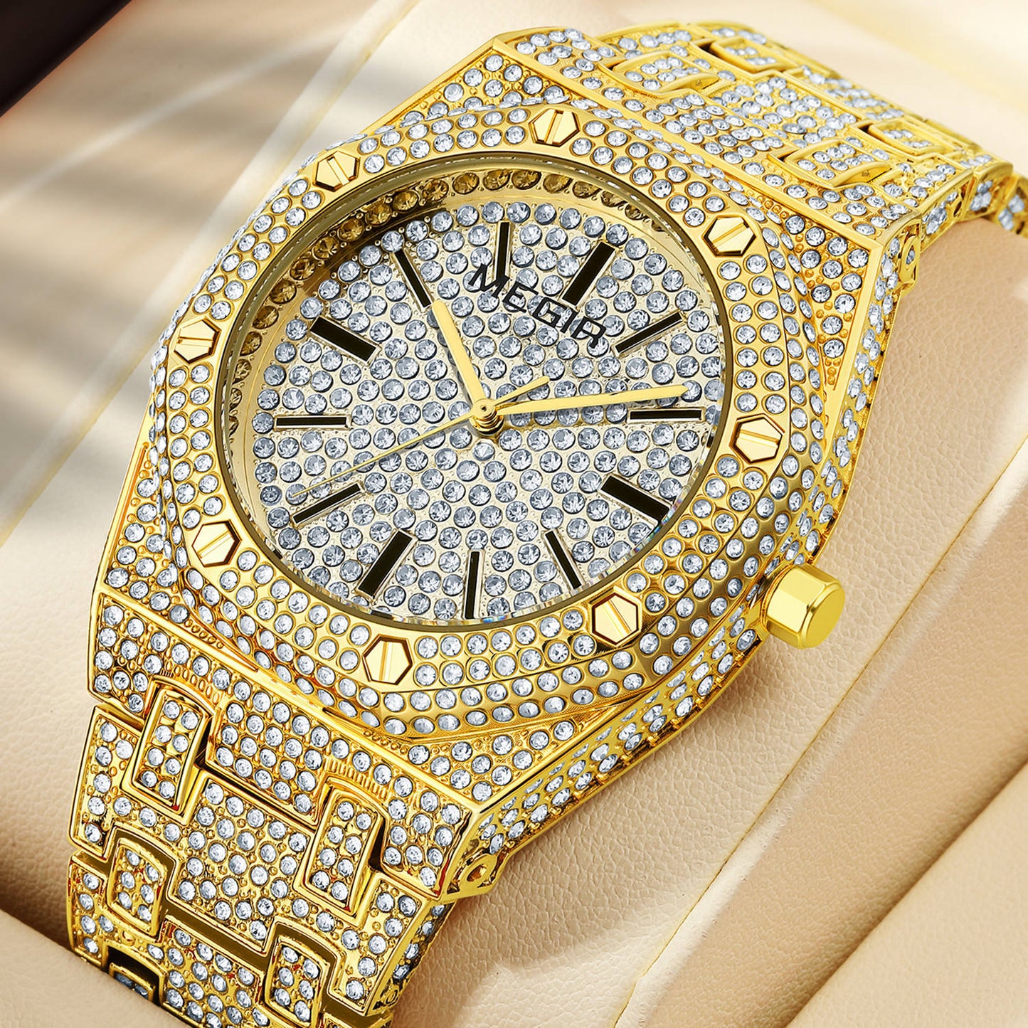 MEGIR 1091 Luxury Diamond Men Watches Stainless Steel Band Quartz Wristwatches Waterproof Business Watch Reloj Hombre