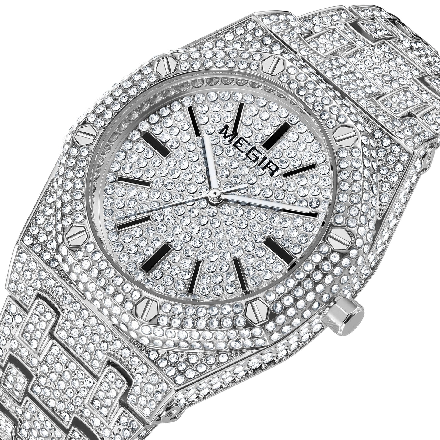 MEGIR 1091 Luxury Diamond Men Watches Stainless Steel Band Quartz Wristwatches Waterproof Business Watch Reloj Hombre
